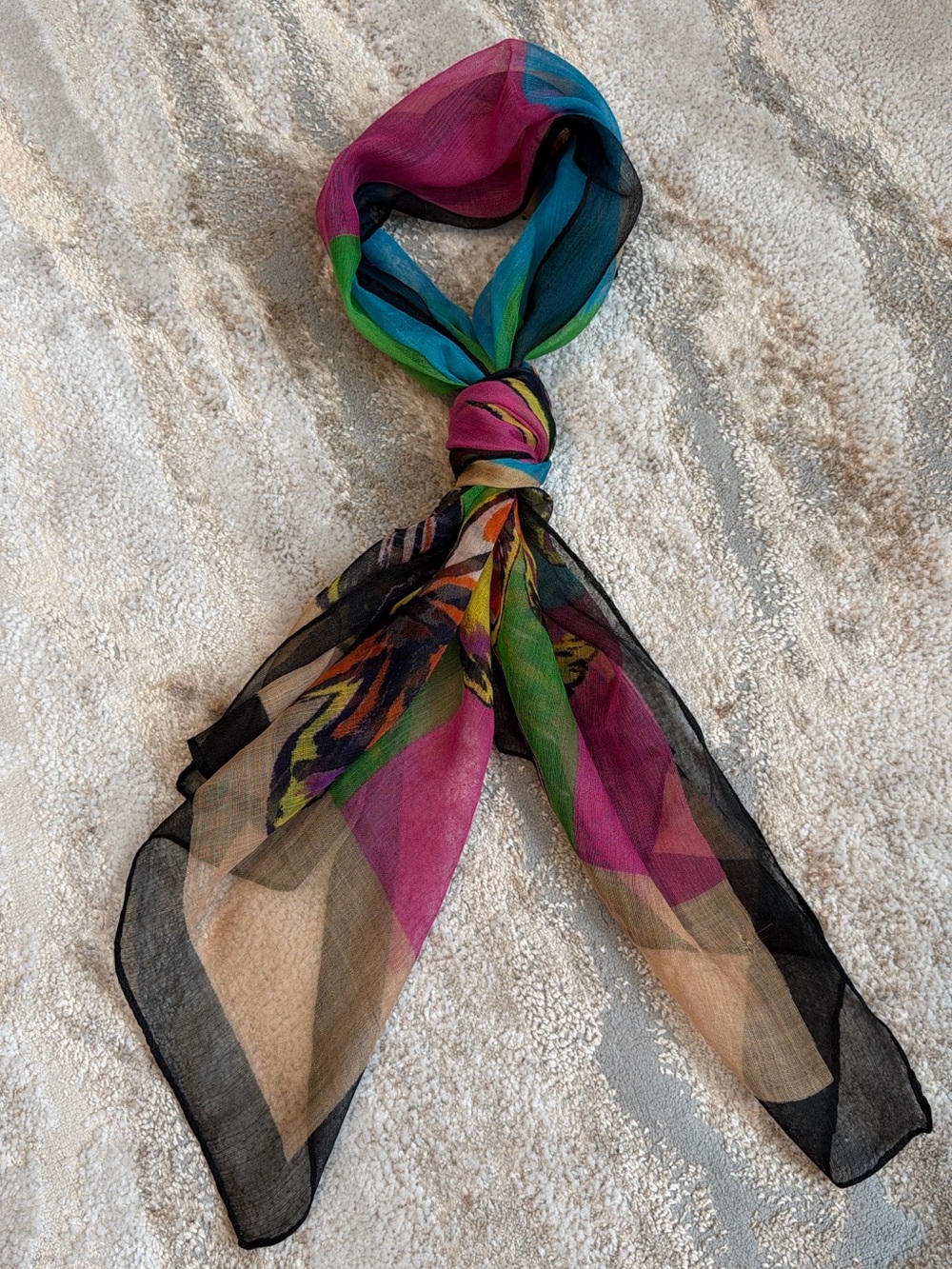 Sheer Multicolor Butterfly-Print Scarf with Black Trim